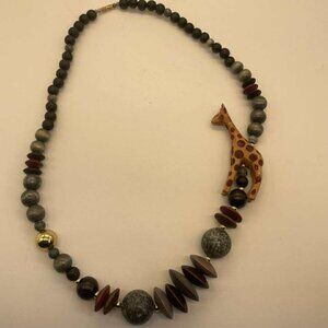 EUC VTG Tribal Safari Carved Wood Giraffe Bead Statement Necklace